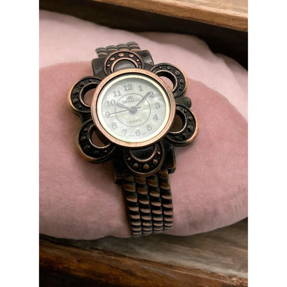 Denacci Flower Cuff Watch Floral Face Copper Color Bracelet Quartz Movement